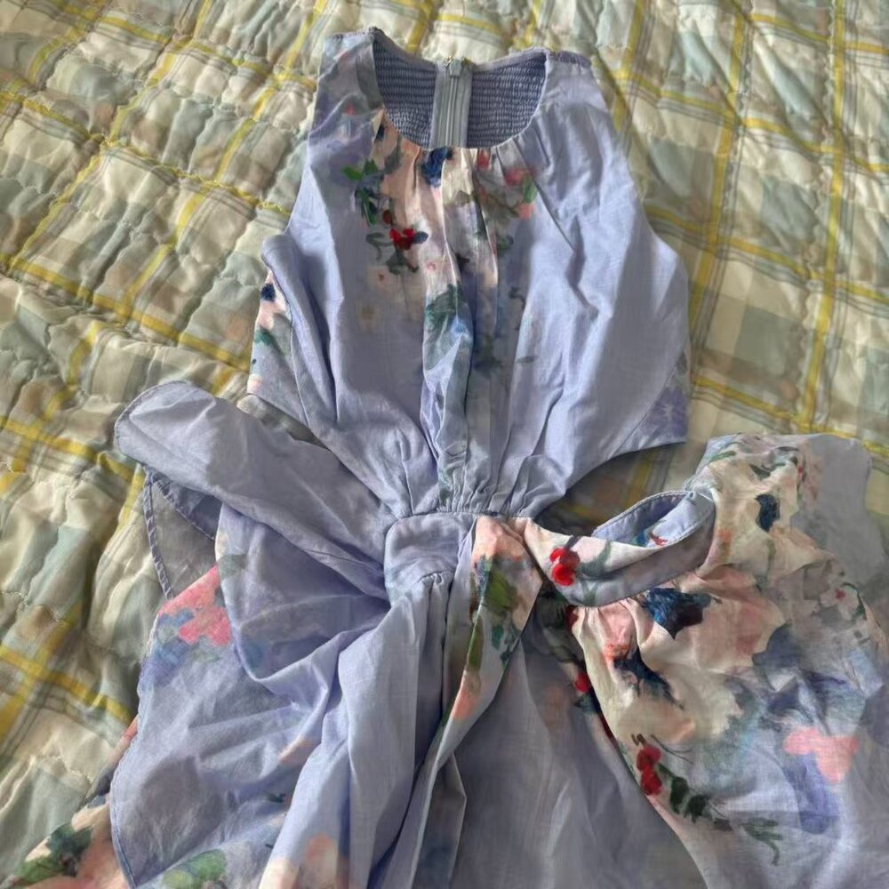 Zimmermann Blue Floral Cutout Maxi Dress Tie Waist Tiered Size 0 (US 2) - Picture 10 of 14